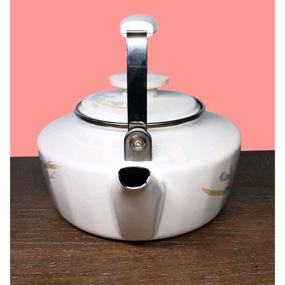 Vtg Studio Nova Homestead White Floral Enamel Tea Kettle & Lid 2 Qt. Pot Japan - Picture 3 of 7